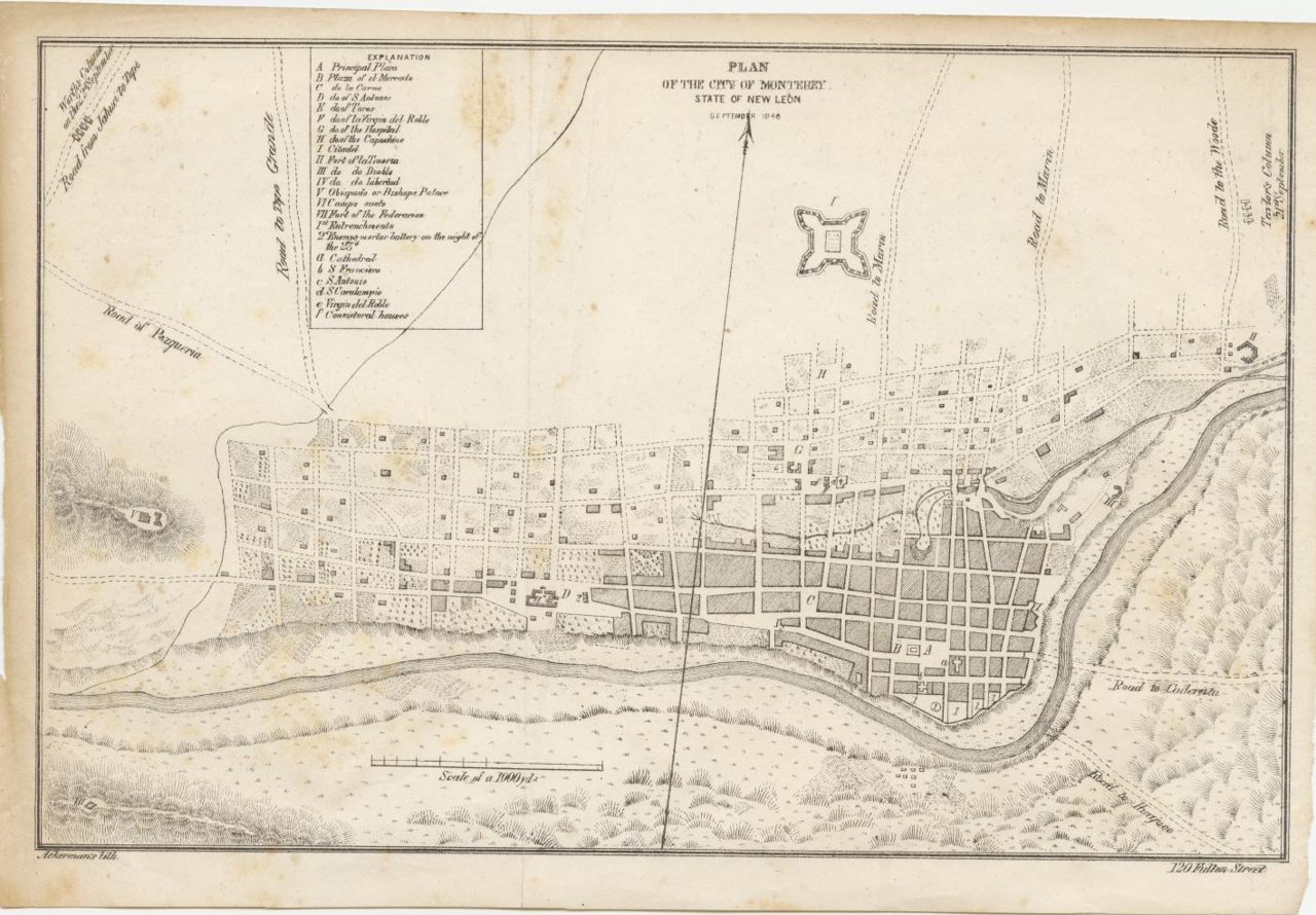 Mapa de Monterrey de 1894 mostrando templos y fuentes de agua